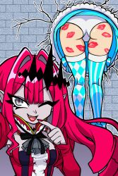 Rule 34 | 2girls, absurdres, artoria caster (fate), artoria caster (swimsuit berserker) (fate), artoria caster (swimsuit berserker) (second ascension) (fate), artoria pendragon (fate), ass, baobhan sith (fate), baobhan sith (first ascension) (fate), bdsm, blue thighhighs, bondage, bound, breasts, detached sleeves, dress, evil grin, evil smile, fang, fate/grand order, fate (series), female pervert, frilled dress, frills, grin, hand up, highres, itakeabite, lipstick mark, lipstick mark on ass, multiple girls, one eye closed, open mouth, panties, pervert, pink hair, pointy ears, red dress, selfie, sexually suggestive, smile, stuck, thighhighs, through wall, underwear, upskirt, white panties, yuri