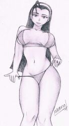 1girl bikini black_hair breasts clothes_pull curvy eroticfanart female_focus hairband huge_breasts kagura_chizuru large_breasts long_hair looking_at_viewer pale_skin panties panty_pull sideboob smile standing striderokami swimsuit the_king_of_fighters thick_thighs thighs tight_clothes underwear wide_hips