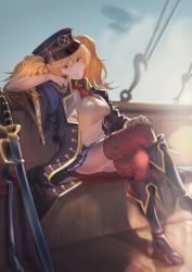 1girl aircraft ass bench black_boots black_coat black_eyes black_hat blonde_hair blue_skirt boots breasts coat crossed_legs dirigible granblue_fantasy hair_between_eyes hand_on_own_knee hat highres holding jin_rou large_breasts long_hair looking_at_viewer microskirt monika_weisswind open_clothes open_coat parted_lips peaked_cap pleated_skirt red_thighhighs shirt sitting skirt sky smile solo sword thigh_strap thighhighs twintails weapon white_shirt