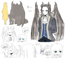 1girl 2boys arms_behind_back ascot asdf1211950 beast_adam_(black_souls) beauty_la_belle_(black_souls) black_pants black_souls buttons grey_hair grey_horns grey_wings highres horns humanization izu_(black_souls) multiple_boys open_mouth pants partially_colored silver_trim simple_background speech_bubble sweat white_ascot white_background white_mask wings