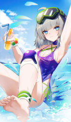 Rule 34 | 1girl, aa-12 (girls&#039; frontline), aa-12 (the sun never rises) (girls&#039; frontline), absurdres, arm up, armpits, bare shoulders, barefoot, beach, bikini, bikini under clothes, blush, breasts, brown hair, cleavage, commentary request, cup, day, diving mask, diving mask on head, feet, foot out of frame, girls&#039; frontline, girls&#039; frontline 2: exilium, goggles, goggles on head, hand up, highres, holding, holding cup, light smile, lind (girls&#039; frontline 2), medium breasts, medium hair, ocean, outdoors, side-tie bikini bottom, soles, solo, splashing, spread legs, swimsuit, toes, wan3051