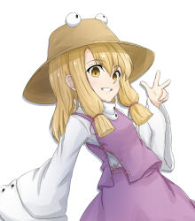 1girl blonde_hair brown_hat clenched_teeth dot_nose dutch_angle hat highres long_sleeves looking_at_viewer medium_hair moriya_suwako purple_skirt purple_vest shirt skirt sleeves_past_fingers sleeves_past_wrists smile solo tarumaru teeth touhou upper_teeth_only vest w white_shirt wide_sleeves yellow_eyes