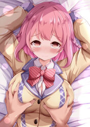 1boy 1girl arms_up bed_sheet blush bow braid breasts brown_jacket collared_shirt commentary_request diagonal-striped_bow dress_shirt hetero highres hoshizaki_akari jacket large_breasts long_sleeves looking_at_viewer lying on_back ongeki out_of_frame pink_hair puffy_long_sleeves puffy_sleeves red_eyes sheet_grab shirt solo_focus striped_bow white_shirt xenon_(for_achieve)