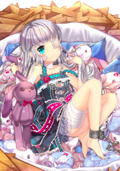 1girl aged_down agrt bandages bandaid barefoot blue_eyes blush chain child cuffs dress eyepatch female_focus flower frilled_dress frills iri_flina long_hair looking_at_viewer lying nest ribbon scissors shackles silver_hair solo stuffed_animal stuffed_rabbit stuffed_toy sword_girls