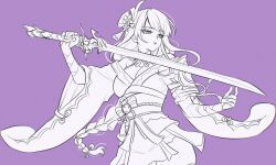 1girl bare_shoulders braid breasts bridal_gauntlets chromatic_aberration cleavage commentary cowboy_shot english_commentary fingernails from_below genshin_impact greyscale_with_colored_background highres holding holding_sword holding_weapon japanese_clothes katana kimono large_breasts lips long_hair looking_ahead mole mole_under_mouth parted_lips purple_background raiden_shogun sasucchi95 simple_background single_braid solo standing sword three-quarter_sleeves tsurime turning_head very_long_hair weapon wide_sleeves