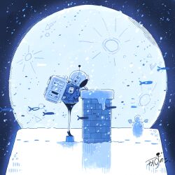 1other artist_name backpack bag blue_jacket chimney christmas commentary crater fish flying_fish footprints full_moon gloves helmet highres jacket kazunoko_(kazunoko_zunoco) looking_down mittens moon night night_sky on_roof original other_focus outdoors radio_antenna rooftop signature sky snow snow_globe snow_print snowing snowman solo space_helmet standing star_(sky) starry_sky tiptoes white_gloves