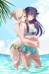 2girls absurdres bikini blonde_hair blue_bikini blue_sky blush ciel_cl2525 closed_mouth cloud commentary_request commission green_bikini green_eyes hair_bun highres hug hug_from_behind izumi_shiho mizuguchi_aki multiple_girls navel outdoors parted_lips pixiv_commission purple_eyes purple_hair sasayaku_you_ni_koi_wo_utau sky smile sparkle swimsuit wading water yuri