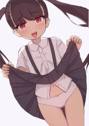 1girl black_skirt blush bow bow_panties brown_hair clothes_lift flat_chest kai_ooo1 loli long_hair looking_at_viewer navel open_mouth original panties red_eyes school_uniform shirt short_sleeves skirt skirt_lift smile standing suspender_skirt suspenders tongue tongue_out twintails underwear white_background white_bow white_panties white_shirt