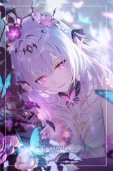 1girl absurdres bare_shoulders black_tiara blurry blurry_background breasts bright_pupils bug butterfly castorice_(honkai:_star_rail) character_name closed_mouth dress elbow_gloves flower gloves grey_hair highres honkai:_star_rail honkai_(series) insect long_hair looking_at_viewer lying magako on_side pointy_ears purple_eyes purple_flower purple_gloves purple_hair smile solo tiara white_dress white_pupils