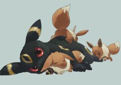 anus black_eyes black_fur body_fur brown_fur closed_eyes colored_sclera creatures_(company) eevee evolutionary_line game_freak gen_1_pokemon gen_2_pokemon grey_background highres kanataeni lying nintendo no_humans on_side pokemon pokemon_(creature) red_sclera sleeping two-tone_fur umbreon yellow_fur