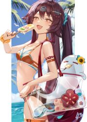 1girl absurdres alternate_costume asahi_(vjss4548) belt bikini blue_sky boo_tao_(genshin_impact) border breasts brown_bikini brown_hair cowboy_shot day flower-shaped_pupils food from_side genshin_impact ghost hair_ornament hairclip highres holding holding_food holding_ice_cream hu_tao_(genshin_impact) ice_cream long_hair looking_at_viewer navel open_mouth red_eyes scrunchie sky small_breasts smile solo stomach swimsuit symbol-shaped_pupils thigh_belt thigh_strap transparent_bag twintails very_long_hair white_border wrist_scrunchie