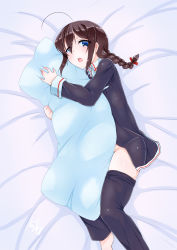 10s 1girl adapted_costume ahoge blue_eyes braid brown_hair crotch_rub female_focus female_masturbation hair_between_eyes hair_ornament hair_ribbon highres hugging_object kantai_collection long_sleeves looking_at_viewer lying masturbation no_panties on_side open_mouth pajamas pants pillow pillow_hug pillow_humping red_ribbon ribbon round_teeth shigure_(kancolle) shirogane_(cufsser) signature single_braid solo teeth