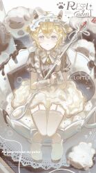 Rule 34 | 1boy, absurdres, ahoge, alternate costume, animal, animal ears, aotu world, bell, blonde hair, blue eyes, blush, boots, bow, bowtie, brown shirt, brown thighhighs, cake, chinese commentary, coffee, crossdressing, cup, english text, eyelashes, food, fork, frills, fruit, full body, fur boots, fur skirt, fur wrist cuffs, garter straps, hair bow, hair ornament, hairband, hairclip, highres, holding, holding spoon, horns, in container, in cup, kemonomimi mode, king (aotu world), looking at viewer, maid, maid headdress, male focus, mini person, miniboy, neck bell, oversized object, parted lips, plate, plutoray, pointy ears, puffy short sleeves, puffy sleeves, saucer, sheep, sheep boy, sheep ears, sheep horns, shirt, short hair, short sleeves, sitting, skirt, solo, spoon, strawberry, strawberry shortcake, striped clothes, striped shirt, sugar cube, suspenders, teacup, thighhighs, trap, twitter username, vertical-striped clothes, vertical-striped shirt, watermark, white boots, white bow, white bowtie, white skirt, wrist cuffs, zettai ryouiki