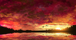amatsuki_rei bird cloud cloudy_sky commentary_request evening highres lake no_humans original outdoors overcast red_sky reflection scenery signature silhouette sky sunset