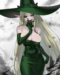 1girl absurdres bare_shoulders black_sclera blonde_hair body_markings breasts bug cleavage colored_sclera commentary cowboy_shot dress elbow_gloves elf english_commentary evil_smile facial_mark floating_hair forehead_mark frau_trude_(gemi_ningen) gemi_ningen gloves green_dress green_eyes green_gloves green_hat hat highres large_breasts long_hair long_pointy_ears looking_at_viewer low_neckline open_mouth pathfinder pencil_dress pointy_ears sharp_teeth shiny_skin smile solo spider standing strapless strapless_dress teeth tongue tongue_out very_long_hair witch witch_hat