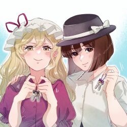 2girls black_hat blonde_hair bob_cut bow brown_eyes brown_hair closed_mouth fedora happy hat hat_bow hat_ribbon holding holding_key key long_hair maribel_hearn mob_cap mokoiscat multiple_girls puffy_short_sleeves puffy_sleeves purple_shirt red_ribbon ribbon shirt short_hair short_sleeves smile taboo_japan_disentanglement touhou usami_renko very_long_hair wavy_hair white_bow white_shirt yellow_eyes