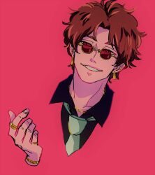 1boy absurdres black_shirt blending bracelet brown_hair chain chain_necklace collared_shirt commentary_request cropped_shoulders earrings gintama gold_earrings gold_necklace green_necktie grin highres hoop_earrings jewelry looking_at_viewer male_focus messy_hair mgmg_tbtb2323 minimalism multiple_rings necklace necktie pink_background red-tinted_eyewear red_eyes ring round_eyewear sakamoto_tatsuma shirt short_hair smile solo sunglasses tinted_eyewear yellow-framed_eyewear