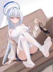1girl absurdres alternate_costume arm_at_side bare_shoulders black_shoes black_skirt blue_archive blue_halo blush breasts brown_jacket closed_mouth commentary convenient_leg couch crossed_legs dutch_angle feet fingernails foot_focus full_body grey_hair grey_halo half-closed_eyes halo hand_up high-waist_skirt high_heels highres holding holding_shoes holding_unworn_clothes indoors jacket knees_up lanhua227 large_breasts long_hair looking_at_viewer mechanical_halo miniskirt multicolored_halo nail_polish no_shoes noa_(blue_archive) off_shoulder on_couch open_clothes open_jacket purple_eyes red_nails ribbed_sweater shoes sitting skirt sleeveless sleeveless_sweater sleeves_past_wrists soles solo sweater thighhighs toe_scrunch toes turtleneck turtleneck_sweater two-tone_halo unworn_shoes very_long_hair white_sweater white_thighhighs