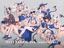 6+girls absurdres angel animal_ears anniversary azazel_(helltaker) barefoot bikini black_hair black_horns black_tail blue_eyes blue_hat breasts cellphone cerberus_(helltaker) champagne_flute choker cleavage commentary criss-cross_halter cross cross_necklace cup dark-skinned_female dark_skin demon_girl demon_horns demon_tail drinking_glass ear_piercing earrings ears_through_headwear english_commentary english_text eyewear_on_head face_piercing fang flower_hairband glasses hairband halo halterneck hat heart heart-shaped_eyewear heart-shaped_pupils helltaker highres holding holding_notepad holding_pen holding_phone horns horns_through_headwear jewelry judgement_(helltaker) justice_(helltaker) large_breasts lip_piercing long_hair looking_at_viewer lucifer_(helltaker) malina_(helltaker) modeus_(helltaker) mole mole_under_eye multiple_girls nail_polish navel necklace noah_(tettsui-sole) nose_piercing notepad open_mouth pandemonica_(helltaker) pen phone piercing ponytail red_eyes sandals sarong scrunchie short_hair shorts smartphone smile sparkle spiked_horns sunglasses swimsuit symbol-shaped_pupils tail toenail_polish toenails triplets twitter_username untied_bikini untying white_eyes white_hair white_horns wrist_scrunchie zdrada_(helltaker)
