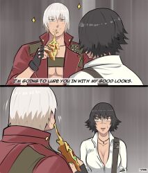 Rule 34 | 1boy, 1girl, black gloves, black hair, blush, breasts, cleavage, dante (devil may cry), devil may cry: peak of combat, devil may cry (series), eating, fingerless gloves, food, food in mouth, gloves, green eyes, heterochromia, highres, jewelry, jumpoon, lady (devil may cry), necklace, no shirt, open mouth, pizza, pizza slice, red eyes, scar, scar on face, scar on nose, shirt, signature, sparkle, sweatdrop, white hair, white shirt