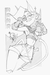 1girl :d animal_ears arched_back arm_belt armband armpits arms_up asymmetrical_bangs bandana bandana_around_neck bare_shoulders belt belt_buckle blush breasts buckle character_name character_request chest_belt choker cocked_eyebrow commentary copyright_request crop_top cropped_legs cropped_shirt curled_tail curtained_hair double_v english_commentary eyebrows_hidden_by_hair flipped_hair fuksunny glasses gloves greyscale grin half-closed_eye half-closed_eyes head_tilt high-waist_shorts highres leaning_to_the_side leg_tattoo legs_together long_eyelashes looking_at_viewer loose_belt medium_hair midriff monochrome narrow_waist narrowed_eyes navel no_nose no_pupils no_sclera one_eye_closed open_mouth parted_bangs parted_lips raised_eyebrow rectangular_eyewear sheath sheathed shirt shorts shorts_rolled_up sideboob sketch sleeveless sleeveless_shirt small_breasts smile solid_eyes solo sparkle spiked_hair standing striped_blush tail tail_raised tattoo teeth thick_eyelashes thigh_gap thighs turning_head underbust v v_over_eye white_background wide_hips