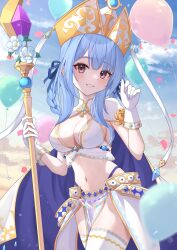 1girl absurdres balloon blue_eyes braid breasts cleavage cloak evening globe gloves hat highres holding holding_rod holding_weapon iris_mysteria! kaede_(maple4rt) large_breasts looking_at_viewer navel olivie_cromwright purple_eyes rod sky thighs weapon white_cloak white_gloves