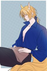 Rule 34 | 1boy, androgynous, animal ear fluff, animal ears, arknights, black pants, blue background, blue ribbon, blue shirt, collared shirt, commentary request, genderswap, genderswap (mtf), grid background, hair ribbon, highres, holding, horse ears, horse girl, horse tail, korean commentary, long hair, long sleeves, low ponytail, mlynar (arknights), nills, pants, parted lips, plunging neckline, ponytail, puffy long sleeves, puffy sleeves, ribbon, shirt, sitting, solo, tail, yellow eyes