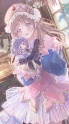 2girls absurdres atelier_(series) atelier_totori blurry blush_stickers brown_hair chim_(atelier) chromatic_aberration depth_of_field doll dress frilled_sleeves frills gothic_lolita grey_eyes headdress highres holding indoors lolita_fashion maid_headdress multiple_girls muted_color totooria_helmold umehara_sei watermark window