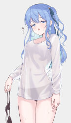 1girl :o absurdres aqua_ribbon arms_at_sides black_bra black_panties blue_hair blush bra breasts commentary_request covered_navel cowboy_shot dot_nose double-parted_bangs grey_background hair_over_shoulder hair_ribbon half-closed_eyes highres holding holding_bra holding_underwear holding_unworn_clothes hololive hoshimachi_suisei hot long_hair long_sidelocks long_sleeves looking_at_viewer medium_breasts no_pants omiyatei one_side_up panties parted_lips ribbon see-through_clothes see-through_shirt shirt side-tie_panties sidelocks simple_background solo standing sweat underwear undressing unworn_bra variant_set wavy_hair white_shirt