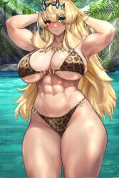 1girl abs absurdres bare_shoulders barghest_(fate) biceps bikini blonde_hair blush breasts cleavage collarbone fate/grand_order fate_(series) green_eyes heterochromia highres horns jewelry large_breasts long_hair looking_at_viewer muscular muscular_female navel necklace raskasar red_eyes solo swimsuit thick_thighs thighs
