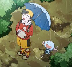 1boy backwards_hat baseball_cap black_hair closed_eyes ethan_(pokemon) gen_2_pokemon hat highres holding holding_umbrella huyugmy jacket long_sleeves nintendo open_mouth outdoors pants pokemon pokemon_(creature) pokemon_gsc rain red_jacket shirt short_hair smile tail umbrella water water_drop wooper