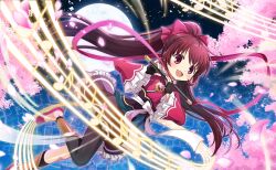 1girl amane_tsukasa artist_request black_corset black_gloves black_leggings black_skirt bow brown_hair cherry_blossoms circle_skirt corset dot_nose fingerless_gloves flats floating floating_clothes floating_hair flute frilled_kimono frilled_skirt frilled_sleeves frills full_body full_moon game_cg gem gleam gloves hagoromo hair_between_eyes hair_bow happy highres holding holding_flute holding_instrument instrument japanese_clothes kimono leggings light_blush long_hair long_sleeves magia_record:_mahou_shoujo_madoka_magica_gaiden magical_girl mahou_shoujo_madoka_magica mahou_shoujo_madoka_magica_magia_exedra miniskirt moon musical_note musical_staff night night_sky official_art open_mouth outdoors outline petals pink_bow pink_eyes pink_gemstone pink_kimono pink_shoes shawl shoes short_kimono single_leg_pantyhose skirt sky smile solo split_ponytail star_(sky) starry_sky tareme third-party_source tree very_long_hair waist_bow white_bow white_outline wind