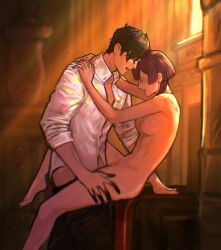 Rule 34 | 1boy, 1girl, bare arms, bare legs, bare shoulders, bernadetta von varley, bernadetta von varley (timeskip), black hair, black pants, breasts, closed eyes, clothed male nude female, commentary, commission, english commentary, fire emblem, fire emblem: three houses, hetero, highres, hubert von vestra, hubert von vestra (timeskip), large breasts, nintendo, nude, pants, purple hair, second-party source, sethkiel, sex, shirt, short hair, sitting, white shirt