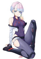 1girl arm_support asymmetrical_hair bare_shoulders blue_eyes bodysuit boots breasts chaesu commentary covered_navel cropped_jacket cyberpunk cyberpunk_(series) cyberpunk_edgerunners english_commentary eyeliner full_body highres knee_up kneeling legs light_smile long_sleeves looking_at_viewer lucy_(cyberpunk) makeup medium_breasts medium_hair multicolored_eyes multicolored_hair off-shoulder_jacket off_shoulder parted_bangs red_eyeliner simple_background single_sidelock sitting solo white_background