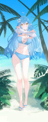 1girl absurdres ahoge aki_uzuki3 alternate_costume beach bikini blue_bikini blue_eyes blue_hair blue_sky breasts closed_mouth clothes_lift colored_tips commentary_request cross-laced_bikini cross-laced_clothes crossed_bangs day double-parted_bangs elf flower full_body hair_between_eyes hair_flower hair_ornament heart heart_ahoge highres hololive large_breasts long_hair looking_at_viewer multicolored_hair nail_polish navel necktie outdoors pointy_ears shirt shirt_lift side-tie_bikini_bottom sky slippers solo stomach strapless strapless_bikini streaked_hair swimsuit toenail_polish toenails very_long_hair virtual_youtuber white_shirt yellow_eyes yukihana_lamy