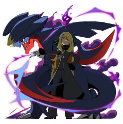 Rule 34 | 1girl, arm blade, black coat, black pants, black sclera, black shirt, blonde hair, coat, colored sclera, cosmetics, cynthia (pokemon), dragon, full body, garchomp, gen 4 pokemon, hand on own hip, holding, holding lipstick tube, lipstick tube, long hair, mega garchomp, mega pokemon, nintendo, pants, pokemon, pokemon (anime), pokemon journeys, psaber97, sharp teeth, shirt, simple background, teeth, weapon, white background, yellow eyes