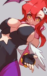 1girl bare_shoulders bat_wings black_leotard bracelet breasts bridal_gauntlets cleavage clothing_cutout cosplay cutout_above_navel darkstalkers fingerless_gloves foreshortening fur-trimmed_leotard fur_trim gloves hair_ornament head_wings highleg highleg_leotard highres jewelry large_breasts leotard long_hair looking_at_viewer morrigan_aensland morrigan_aensland_(cosplay) off-shoulder_leotard pantyhose ponytail purple_pantyhose purple_wings red_hair scarf skull_hair_ornament smile solo star_cutout studded_bracelet tengen_toppa_gurren_lagann ura_dora wings yellow_eyes yoko_littner