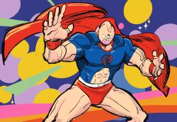 Rule 34 | 1boy, abs, absurdres, armband, blue shirt, broad shoulders, cape, highres, kinnikuman, kinnikuman (character), legs apart, light smile, lips, looking at viewer, male focus, muscular, muscular male, red armband, red cape, shirt, sushio, wrestling outfit