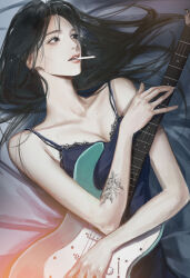 1girl absurdres bed black_hair blue_tank_top cigarette guitar hana_(han_a01) highres holding holding_instrument instrument long_hair original smoking solo tank_top under_covers
