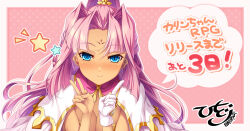 1girl blue_eyes blush breasts cleavage cloak facial_mark forehead forehead_mark gloves hair_intakes hikage_eiji index_finger_raised koihime_musou long_hair pink_hair ponytail second-party_source single_glove smile solo sonken_(koihime_musou) suzukuri_karin-chan upper_body v white_cloak white_gloves