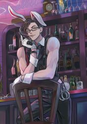 1boy absurdres animal_ears bar_(place) black_pants black_vest brown_hair brown_shoes chair commentary_request cuffs glass glasses gloves green_eyes gun handcuffs highres holding holding_gun holding_weapon holster hypnosis_mic iruma_jyuto lossy-lossless male_focus male_playboy_bunny non-web_source pants rabbit_ears rabbit_tail russian_commentary semi-rimless_eyewear shirt shoes shoulder_holster sleeveless sleeveless_shirt smoking solo tail toned toned_male under-rim_eyewear vasiliy-plumber vest weapon white_gloves wrist_cuffs