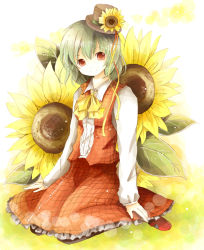 1girl ascot bad_id bad_pixiv_id female_focus flower green_hair hat hat_flower head_tilt ichitaro kazami_yuuka mary_janes mini_hat mini_top_hat pantyhose plaid_clothes plaid_skirt plaid_vest red_eyes shoes short_hair sitting skirt skirt_set smile solo sunflower top_hat touhou vest wariza