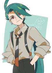 1girl ahoge androgynous artist_name black_gloves black_necktie black_pants bright_pupils closed_mouth collared_shirt commentary_request ear_piercing earrings flat_chest gloves green_hair hands_in_pockets jewelry long_hair necktie nintendo orange_(orangelv20) pants piercing pokemon pokemon_sv ponytail red_eyes reverse_trap rika_(pokemon) shirt smile solo suspenders triangle_earrings upper_body white_pupils