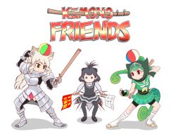 10s 3girls african_porcupine_(kemono_friends) animal_ears armor armored_dress balloon bike_shorts black_hair black_legwear blonde_hair brown_eyes cape_porcupine_(kemono_friends) chameleon_tail copyright_name dress drill_hair fighting_stance fingerless_gloves flag gauntlets gloves hood kemono_friends long_hair multiple_girls necktie ninja object_on_head panther_chameleon_(kemono_friends) panties parody ponytail porcupine quill red_eyes samurai_spirits shirt simple_background skirt sleeveless sotto tail thighhighs translation_request underwear weapon white_rhinoceros_(kemono_friends)