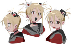 1girl :d :p anger_vein angry black_choker black_mouth blonde_hair candy_hair_ornament choker cross cross_choker disgust earrings eye_hair_ornament fang food-themed_hair_ornament from_side hair_between_eyes hair_ornament happy highres hyow jewelry lone_nape_hair long_bangs looking_ahead looking_back multiple_expressions multiple_views open_mouth original portrait raised_eyebrows red_eyes red_shirt sailor_collar shirt sidelocks simple_background sketch smile stud_earrings sweatdrop tongue tongue_out two_side_up uneven_eyes v-shaped_eyebrows wavy_eyebrows white_background