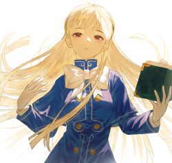 1girl blonde_hair blue_jacket book breasts capcom_fighting_jam fagi_(kakikaki) hands_up highres holding holding_book ingrid_(capcom) jacket long_hair looking_at_viewer medium_breasts neck_ribbon parted_lips red_eyes ribbon simple_background solo teeth white_background white_ribbon