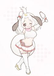 1girl animal_ears armpits arms_up belt black_eyes boots bowling_pin dog_ears dog_girl elbow_gloves extra_ears full_body gloves highres kemo24vv kemono_friends long_hair looking_at_viewer navel one_eye_closed round1 rouoneko_(kemono_friends) shirt simple_background skirt sleeveless sleeveless_shirt solo star_(symbol) tail white_hair
