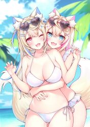 2girls :3 :d ;d alternate_costume animal_ear_fluff animal_ears bandaid bandaid_hair_ornament bare_shoulders bikini blonde_hair blue-framed_eyewear blue_eyes blue_hair blue_sky blue_streaks blurry blurry_background blush breasts claw_pose cleavage cloud collarbone commentary_request cowboy_shot crossed_bangs day dog_ears dog_girl dog_tail double-parted_bangs eyewear_on_head fang frilled_bikini frills fuwawa_abyssgard gluteal_fold hair_between_eyes hair_intakes hair_ornament hairclip halterneck hands_up head_on_another&#039;s_shoulder heart heart-shaped_eyewear highres hololive hololive_english hug hug_from_behind large_breasts long_hair looking_at_viewer mikujin_(mikuzin24) mococo_abyssgard multicolored_hair multiple_girls navel ocean one_eye_closed open_mouth outdoors palm_tree pink-framed_eyewear pink_eyes pink_hair pink_streaks short_hair siblings side-tie_bikini_bottom sisters skin_fang sky smile standing stomach straight-on streaked_hair sunglasses swimsuit tail tinted_eyewear tree twins two_side_up virtual_youtuber white_bikini x_hair_ornament