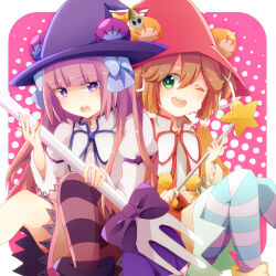 2girls animal_ears bear_ears bear_girl brown_hair dress dumpty_alma emil_chronicle_online fork green_eyes hat holding jitome looking_at_viewer multiple_girls nanakusa_yomogi open_mouth purple_eyes purple_hair purple_hat purple_ribbon purple_thighhighs puzzle_&amp;_dragons red_hat ribbon smile staff striped_clothes striped_thighhighs thighhighs tiny_alma white_dress white_thighhighs witch_hat