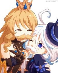 2girls ^_^ absurdres ahoge artist_name bare_shoulders black_gloves blonde_hair blue_eyes blue_pupils closed_eyes commentary crown drop-shaped_pupils english_commentary facial_hair fake_facial_hair fake_mustache furina_(genshin_impact) genshin_impact gloves hand_on_another&#039;s_arm hand_up highres junebuart long_hair mini_crown multiple_girls mustache navia_(genshin_impact) one_eye_closed simple_background symbol-shaped_pupils v very_long_hair white_background